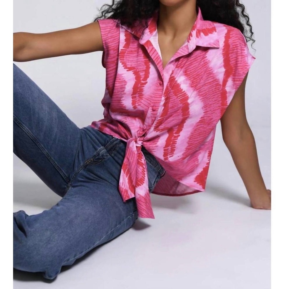 HUTCH Anthropologie Women's XS Brickell Top Pink Abstract Tie Front Blouse